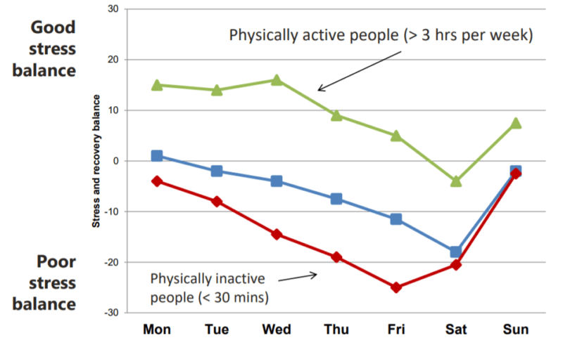 Amount of physical activity has an impact on stress and recovery balance.