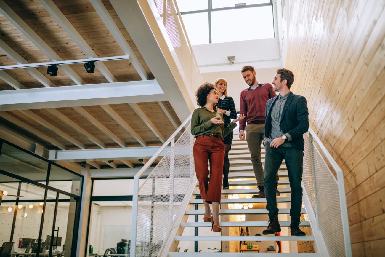 group of people walking stairs